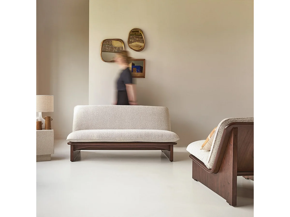 Banquette en bois de mindi massif et tissu bouclé écru Folk, 2 places