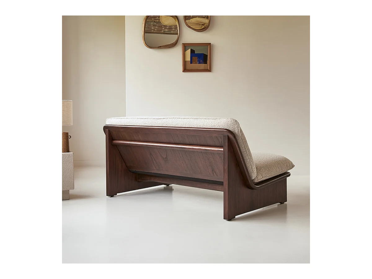 Banquette en bois de mindi massif et tissu bouclé écru Folk, 2 places