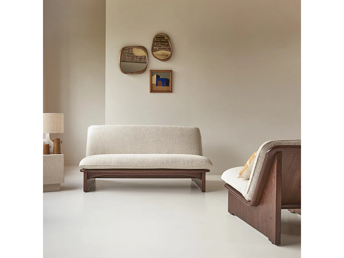 Banquette en bois de mindi massif et tissu bouclé écru Folk, 2 places