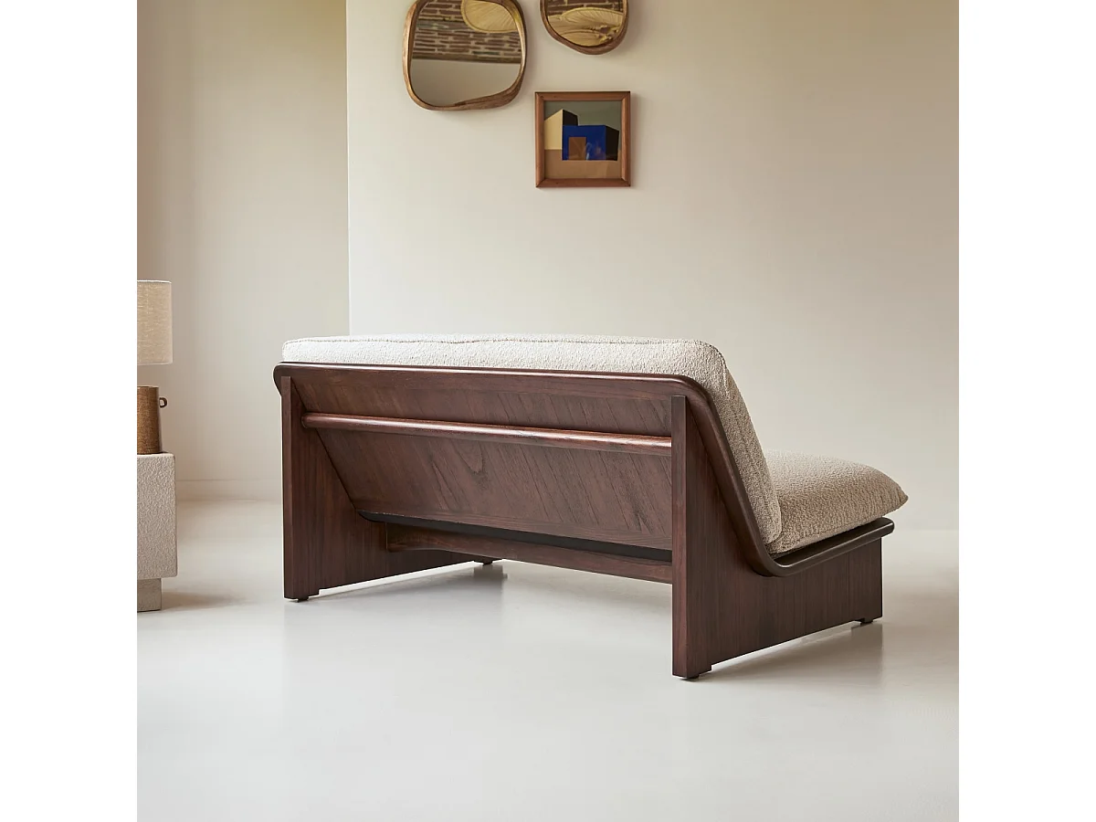 Polsterbank Folk aus massivem Mindiholz und ecrufarbenem Boucléstoff ,2-Sitzer