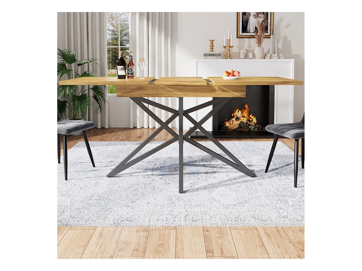 Table à manger extensible avec plateau en MDF grain de bois et pieds en fer noir
