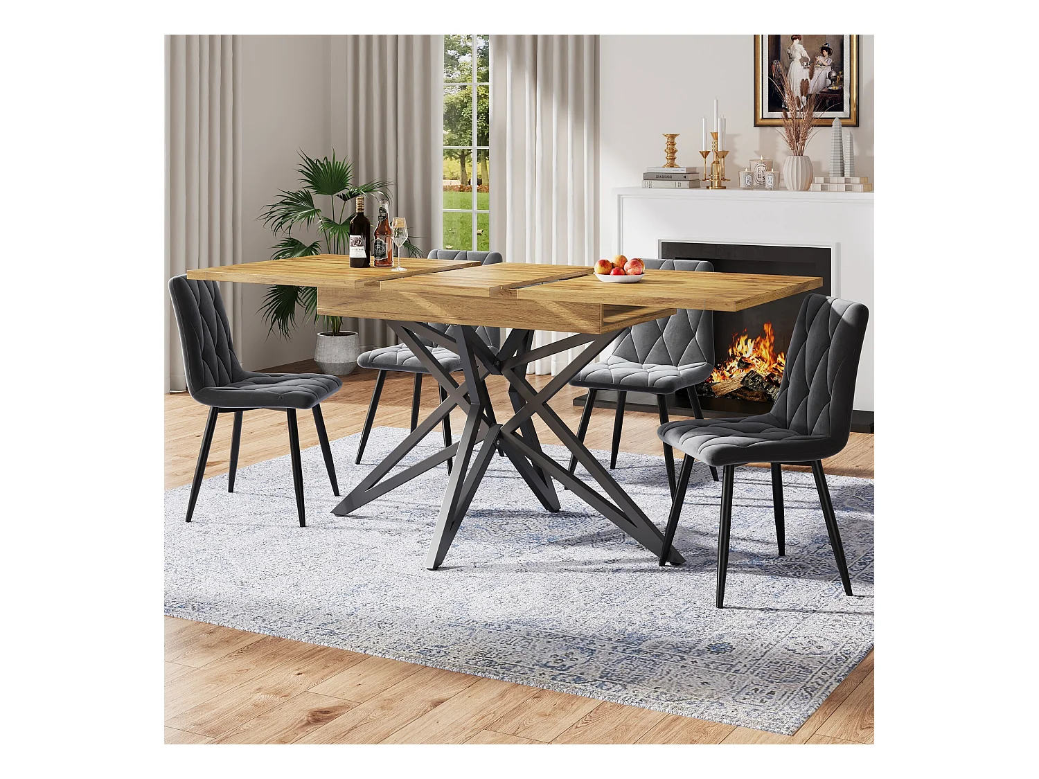 Table à manger extensible avec plateau en MDF grain de bois et pieds en fer noir