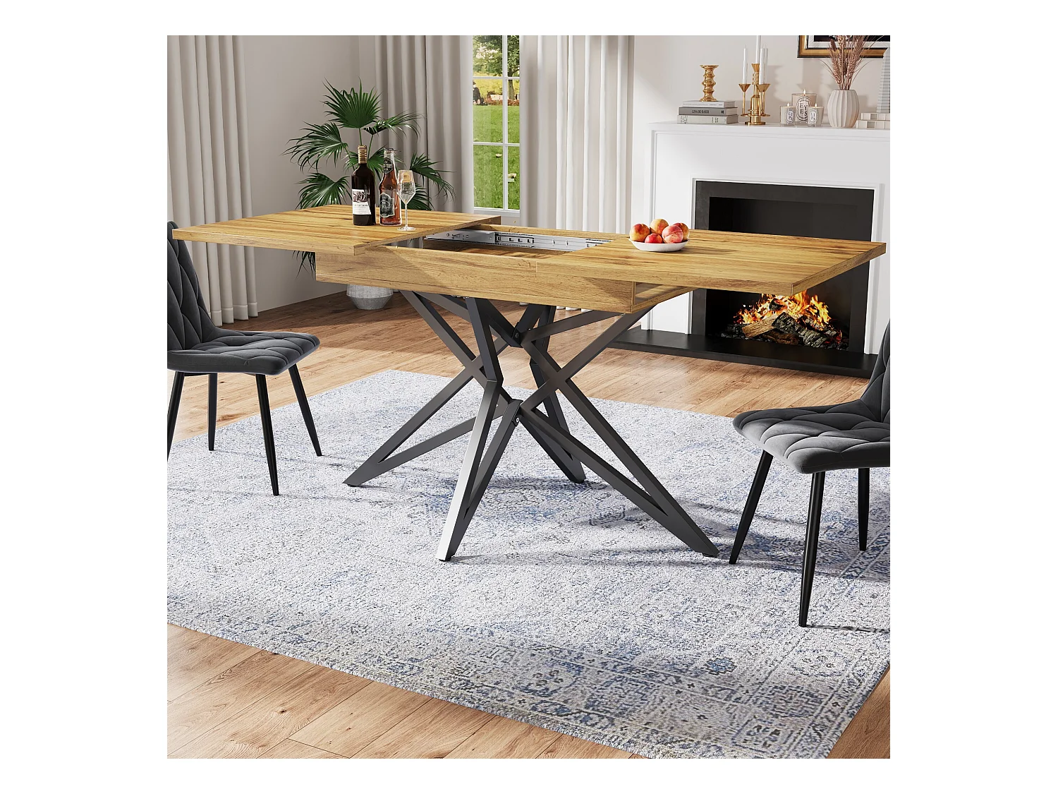 Table à manger extensible avec plateau en MDF grain de bois et pieds en fer noir