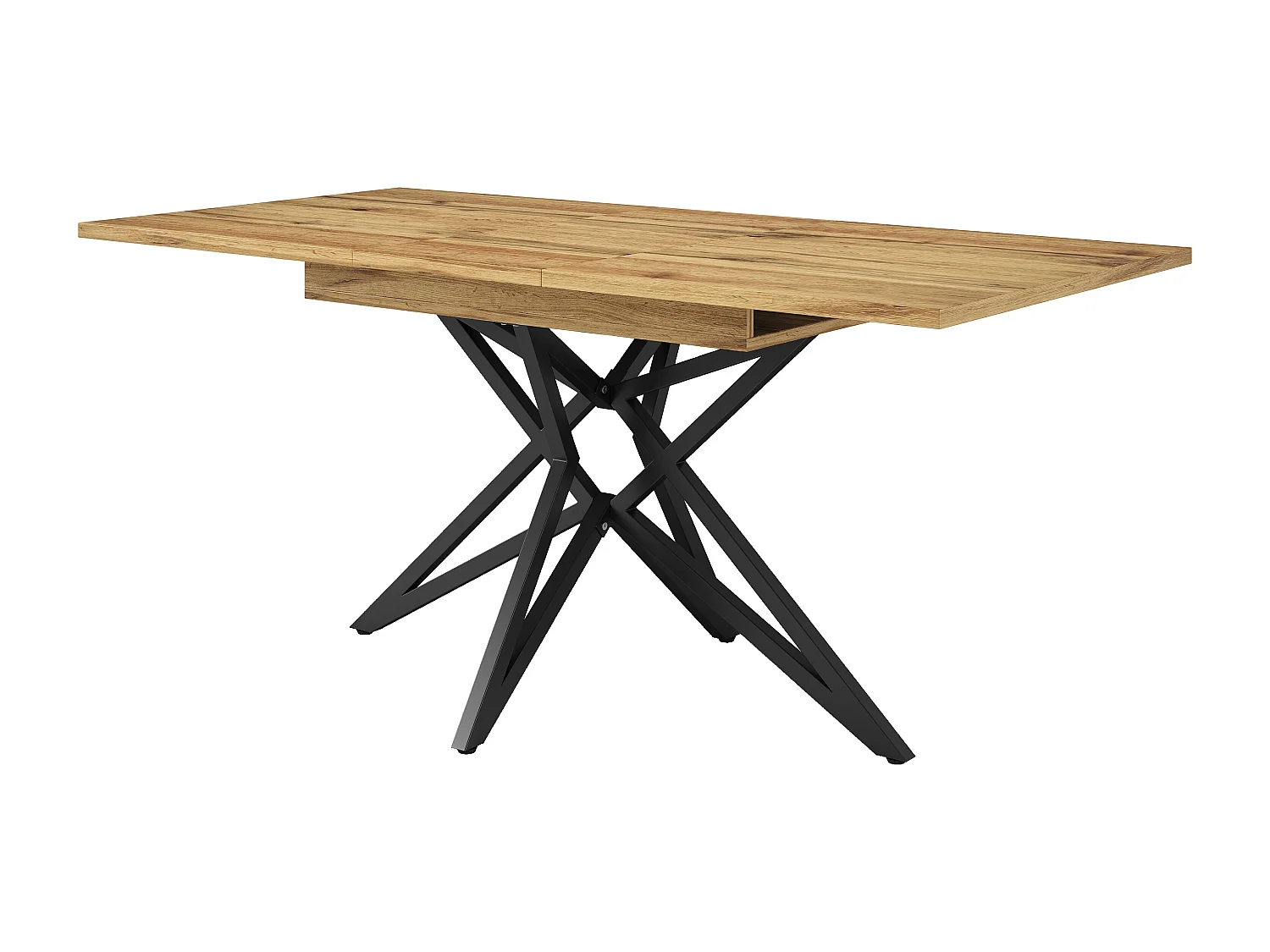 Table à manger extensible avec plateau en MDF grain de bois et pieds en fer noir