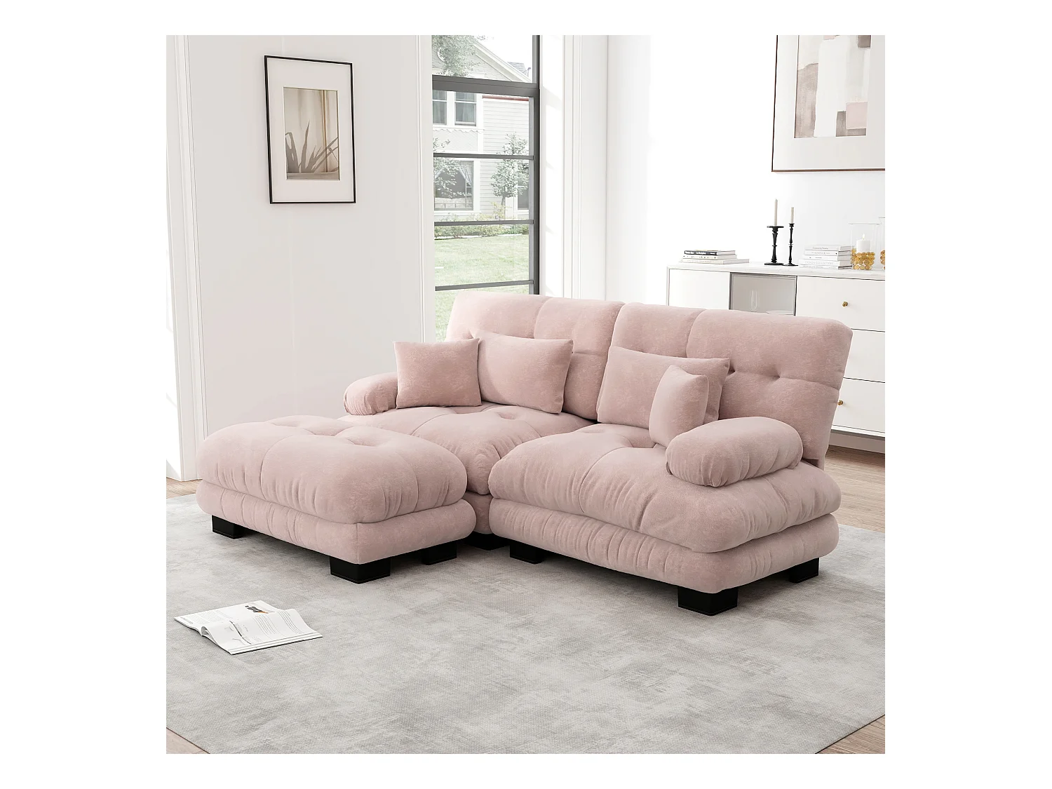 Canapé 2 places, canapé d'angle avec accoudoirs rembourrés et repose-pieds - Chenille rose