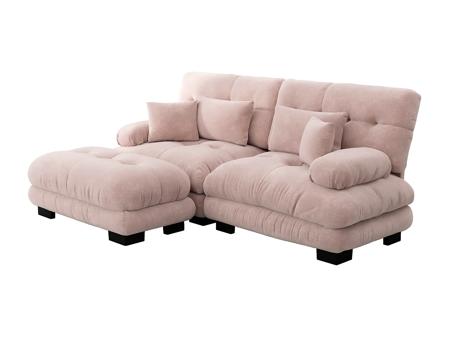 Canapé 2 places, canapé d'angle avec accoudoirs rembourrés et repose-pieds - Chenille rose