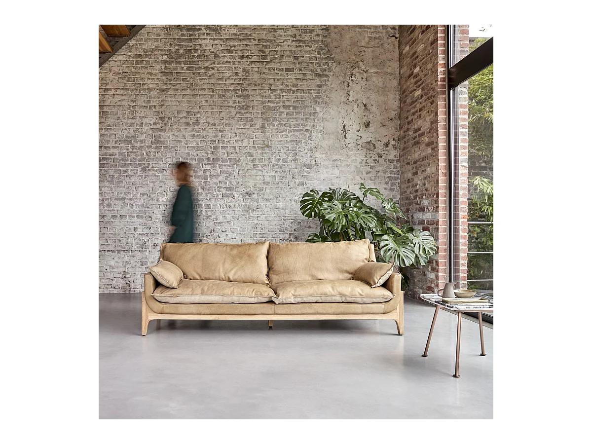 Sofa 3-Sitzer aus Leder und Leinen Woodnest Cheyenne
