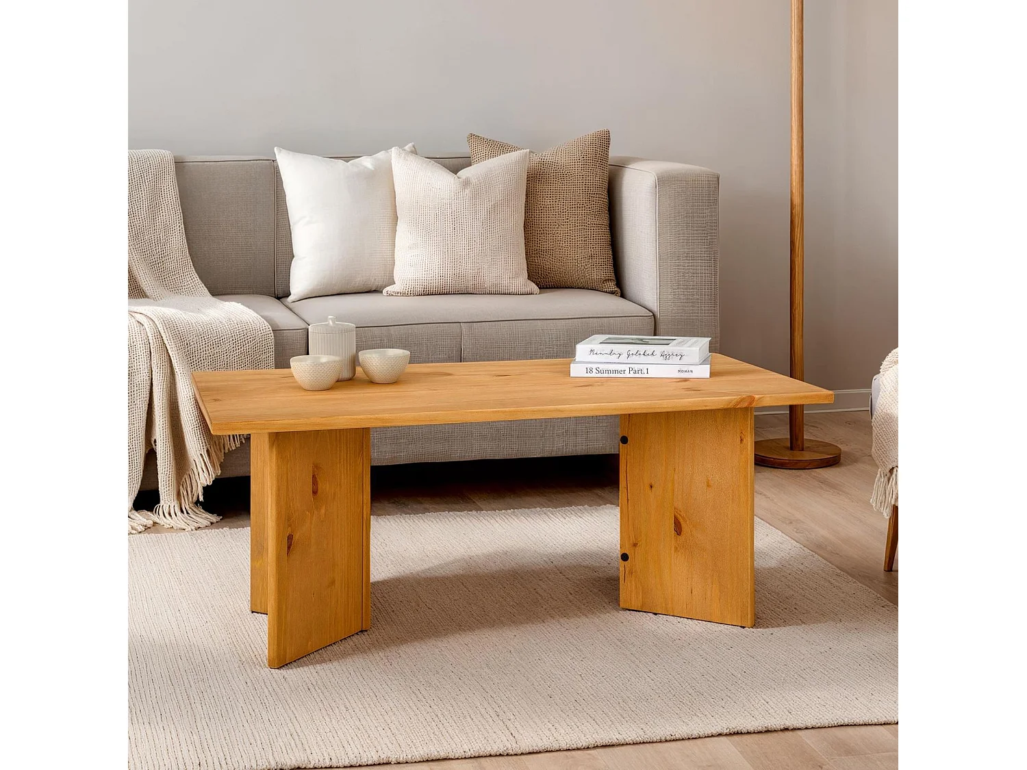 Table basse MESA pour salon en bois massif finition laquée, Design rectangulaire moderne, Pieds angulaires, 110 x 45 x 60 cm