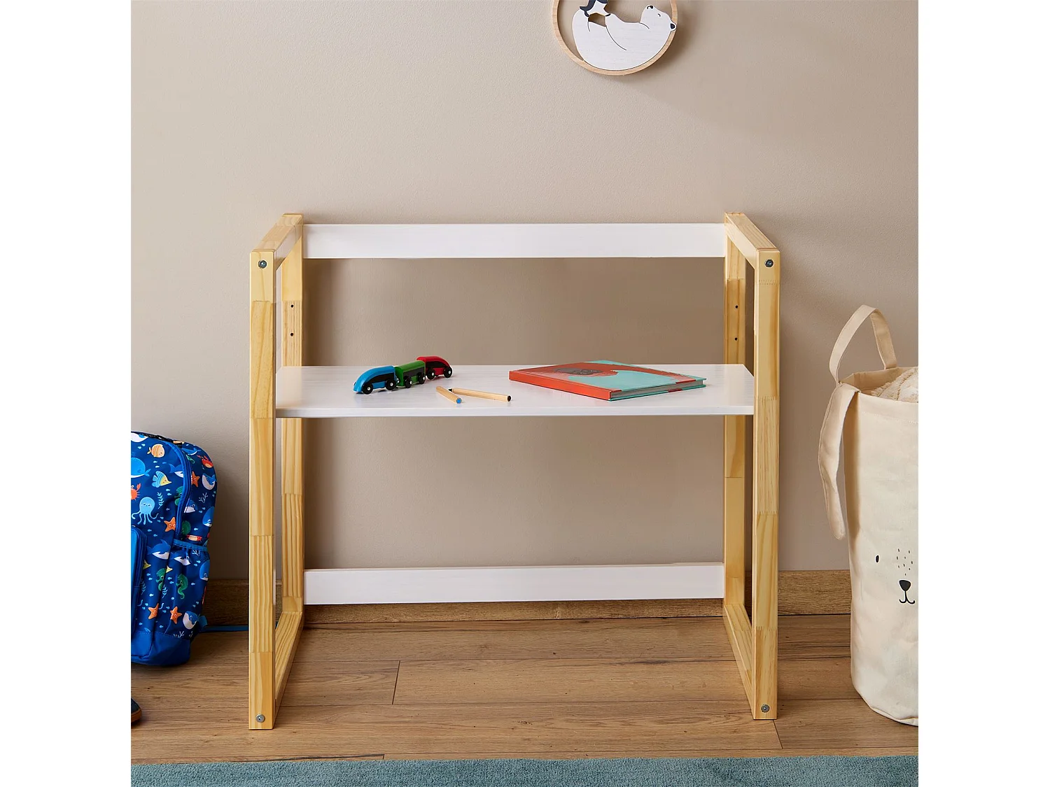 Bureau enfant SUZA réglable en hauteur 80 x 76 x 48 cm en bois massif, Bureau chambre enfant, 4 niveaux de hauteur, Blanc/naturel