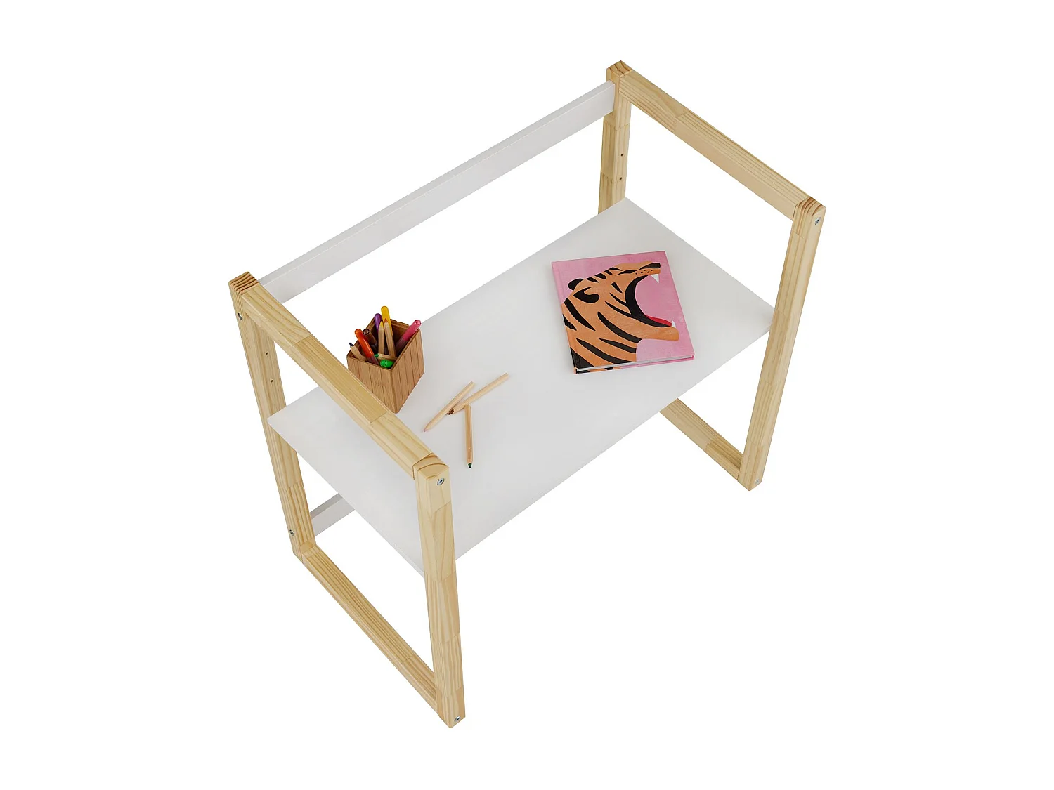 Bureau enfant SUZA réglable en hauteur 80 x 76 x 48 cm en bois massif, Bureau chambre enfant, 4 niveaux de hauteur, Blanc/naturel