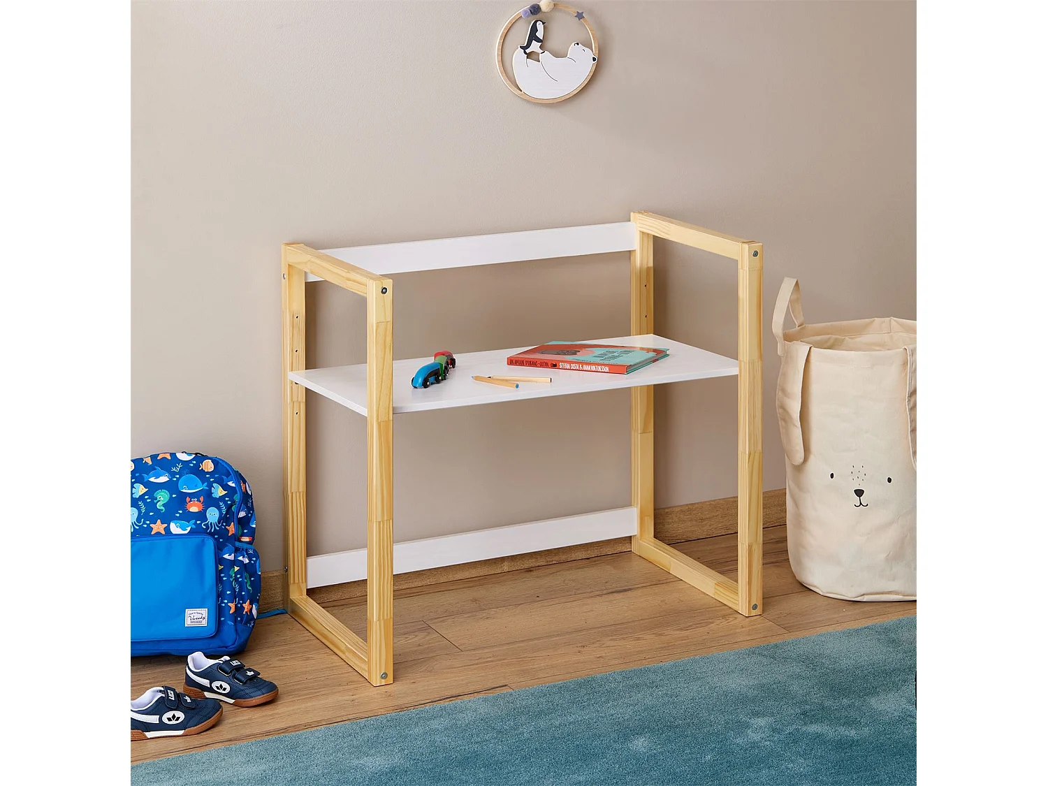 Bureau enfant SUZA réglable en hauteur 80 x 76 x 48 cm en bois massif, Bureau chambre enfant, 4 niveaux de hauteur, Blanc/naturel