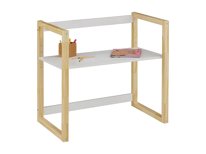 Bureau enfant SUZA réglable en hauteur 80 x 76 x 48 cm en bois massif, Bureau chambre enfant, 4 niveaux de hauteur, Blanc/naturel