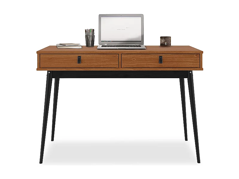 Bureau WANDA avec 2 tiroirs, en pin massif, Bureau en bois, Coloris châtaignier et noir