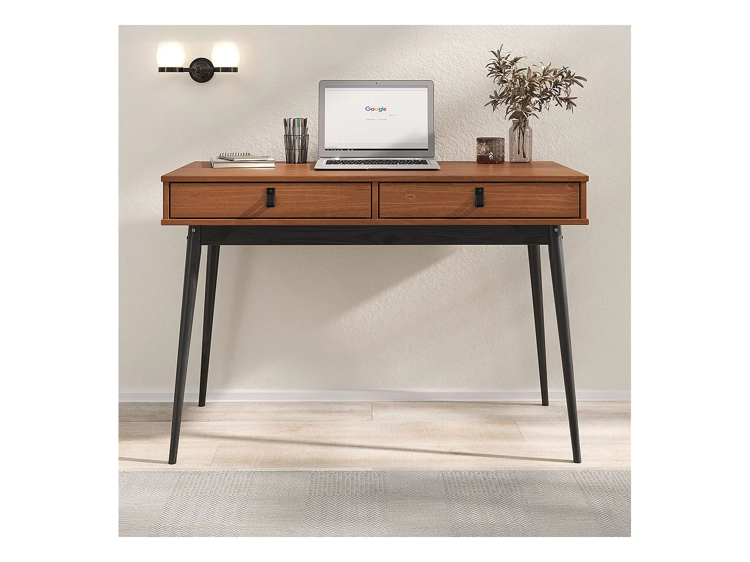 Bureau WANDA avec 2 tiroirs, en pin massif, Bureau en bois, Coloris châtaignier et noir