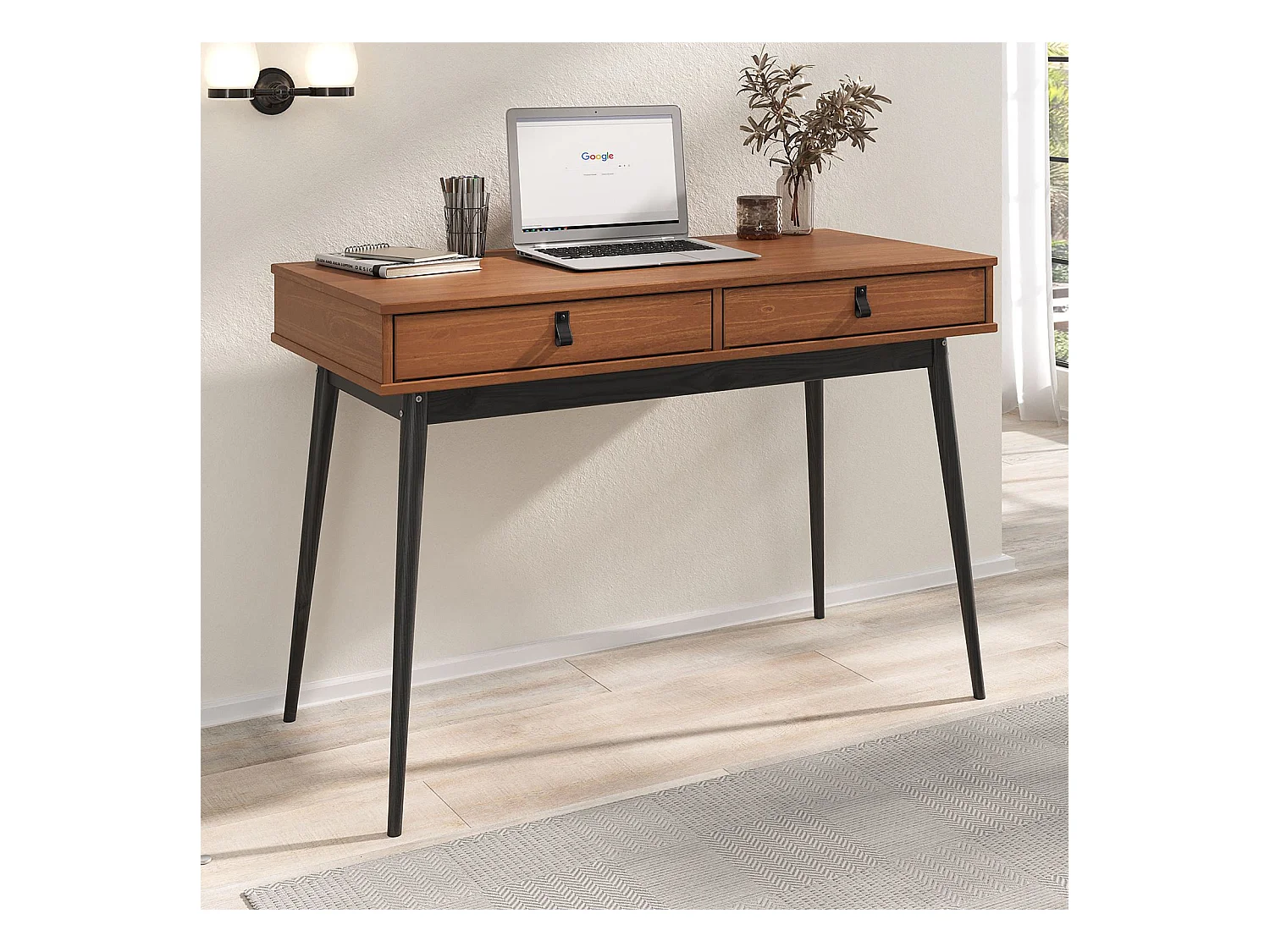 Bureau WANDA avec 2 tiroirs, en pin massif, Bureau en bois, Coloris châtaignier et noir