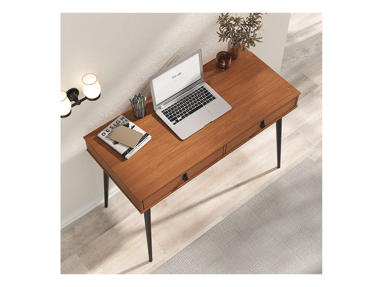 Bureau WANDA avec 2 tiroirs, en pin massif, Bureau en bois, Coloris châtaignier et noir