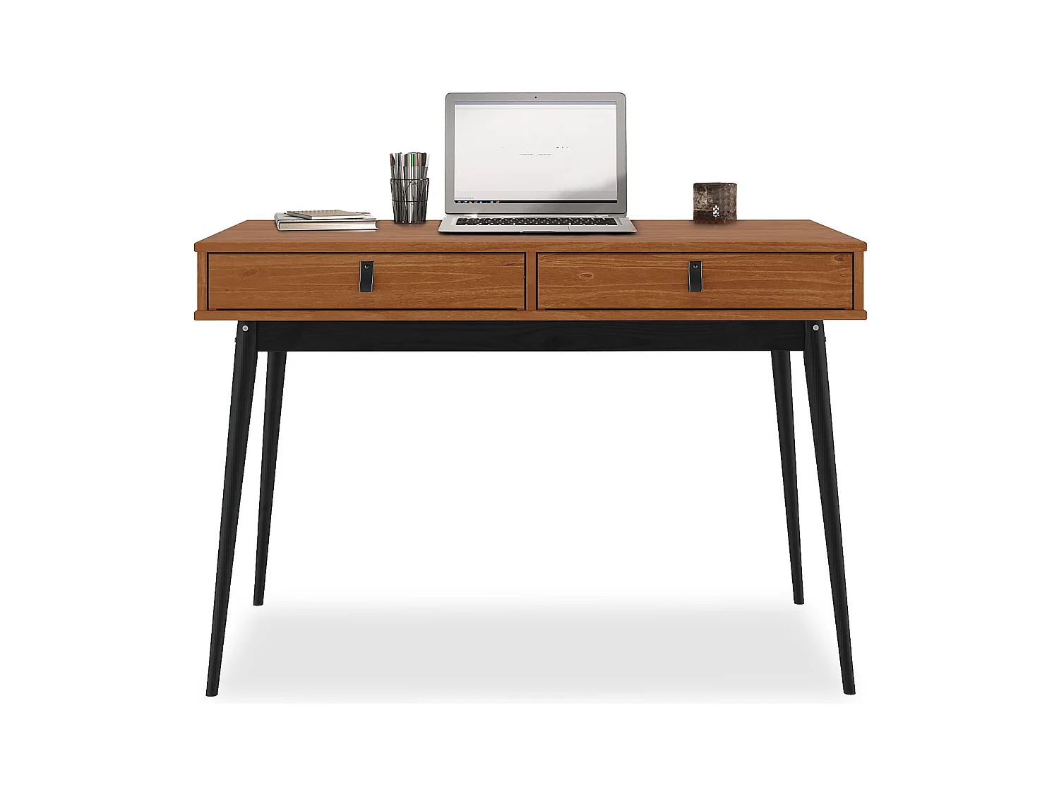Bureau WANDA avec 2 tiroirs, en pin massif, Bureau en bois, Coloris châtaignier et noir