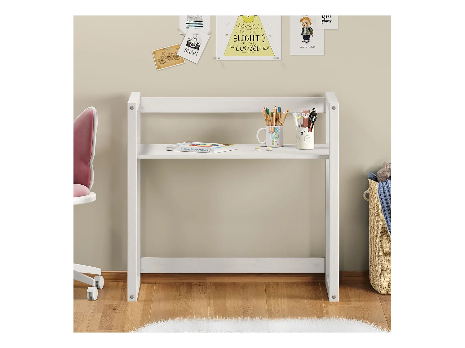 Bureau enfant SUZA réglable en hauteur 80 x 76 x 48 cm bois de pin massif, Bureau chambre enfant, 4 niveaux de hauteur, Blanc