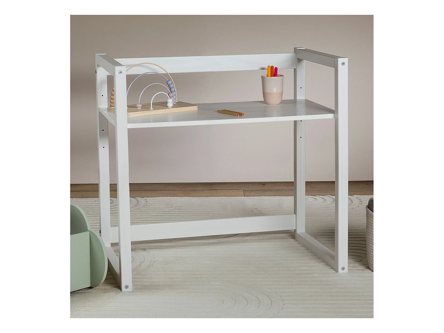 Bureau enfant SUZA réglable en hauteur 80 x 76 x 48 cm bois de pin massif, Bureau chambre enfant, 4 niveaux de hauteur, Blanc