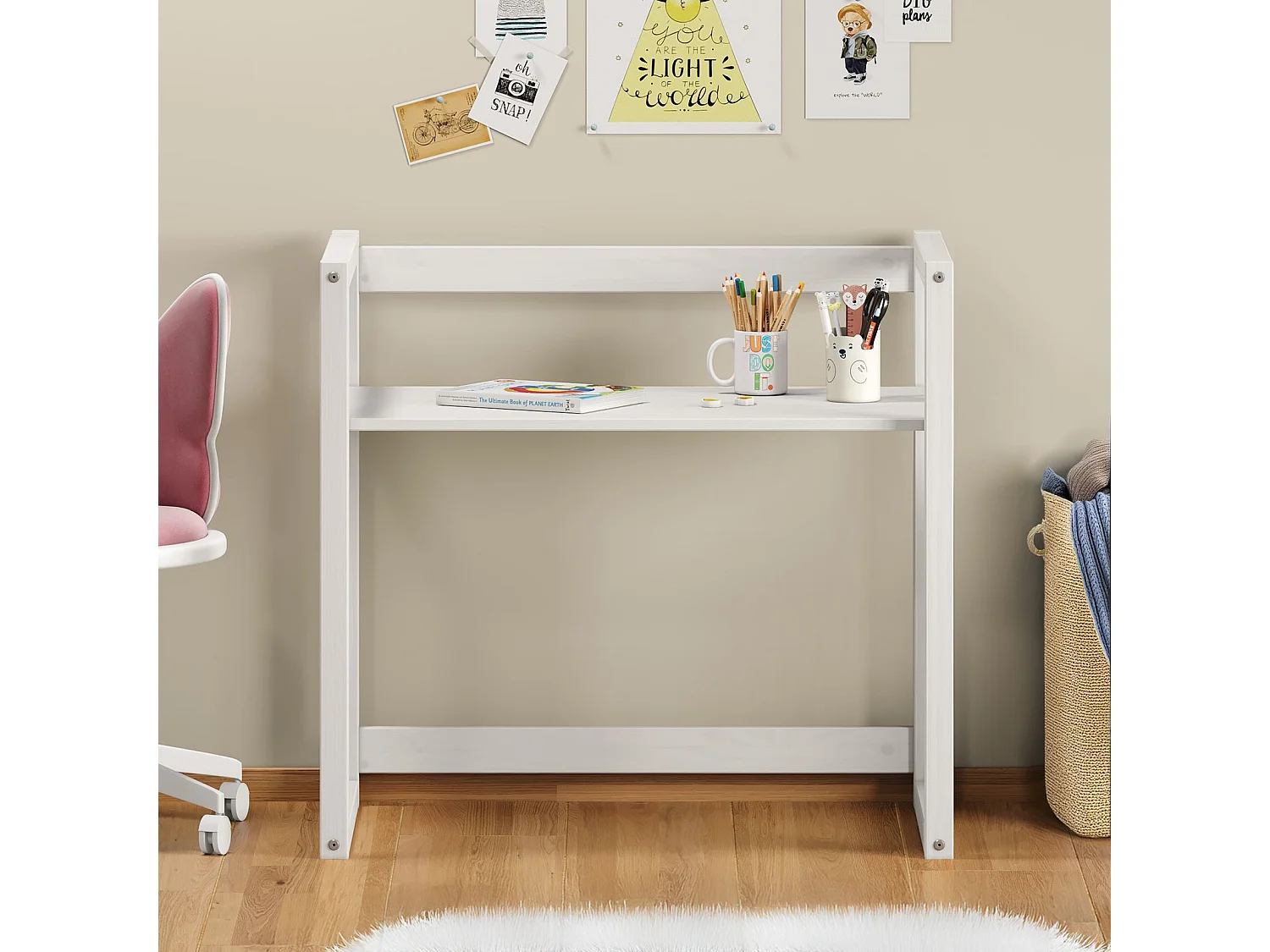 Bureau enfant SUZA réglable en hauteur 80 x 76 x 48 cm bois de pin massif, Bureau chambre enfant, 4 niveaux de hauteur, Blanc