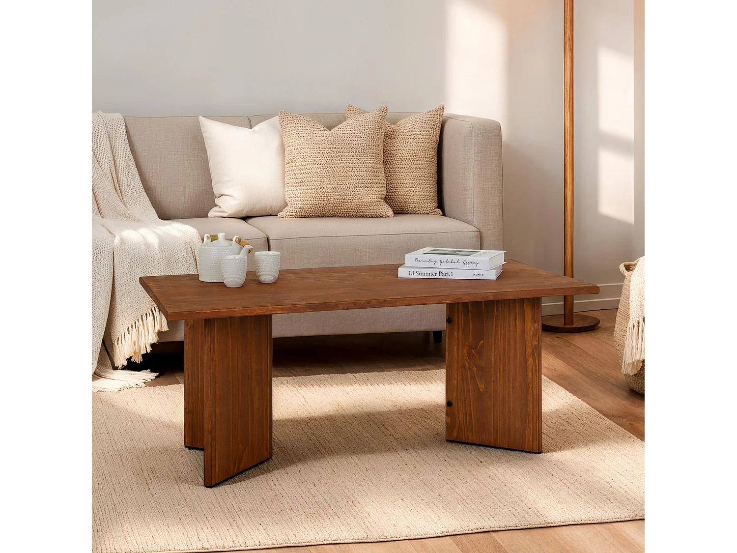 Table basse MESA pour salon en bois massif brun foncé, Design rectangulaire moderne, Pieds angulaires, 110 x 45 x 60 cm