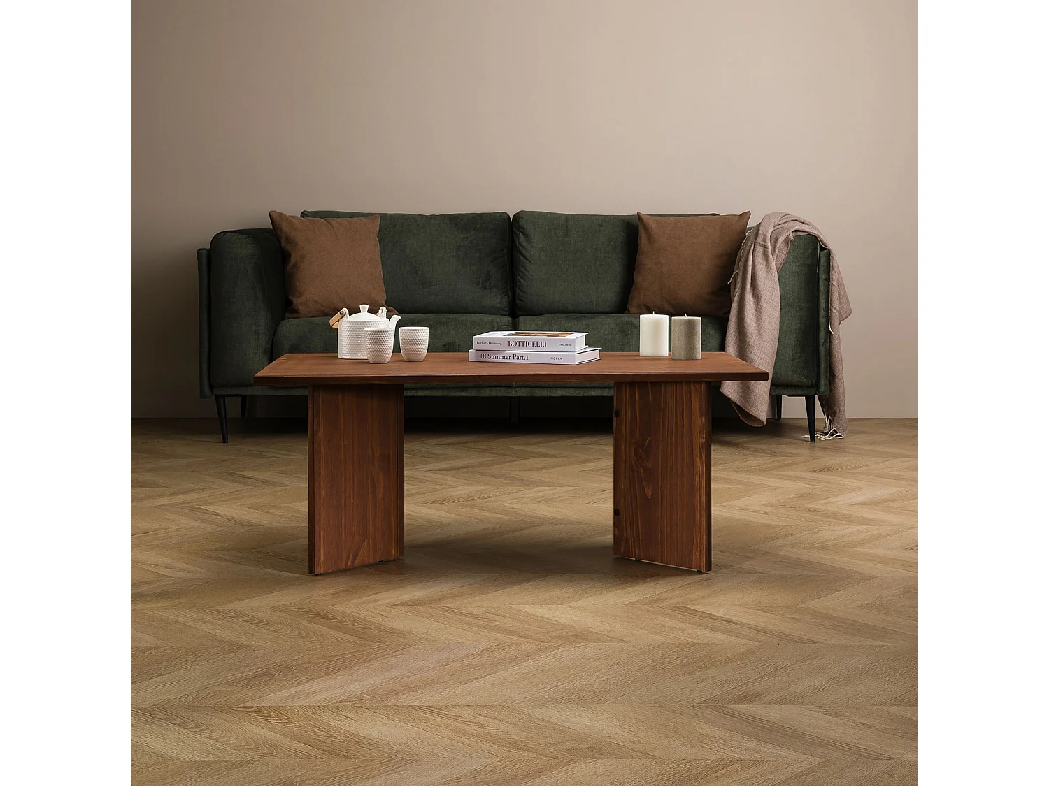 Table basse MESA pour salon en bois massif brun foncé, Design rectangulaire moderne, Pieds angulaires, 110 x 45 x 60 cm