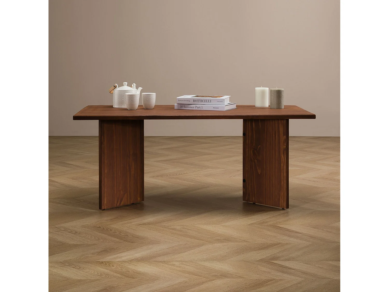 Table basse MESA pour salon en bois massif brun foncé, Design rectangulaire moderne, Pieds angulaires, 110 x 45 x 60 cm