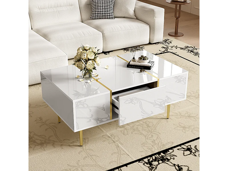 Table basse blanche avec 2 tiroirs de rangement et pieds dorés - pour salon et bureaux