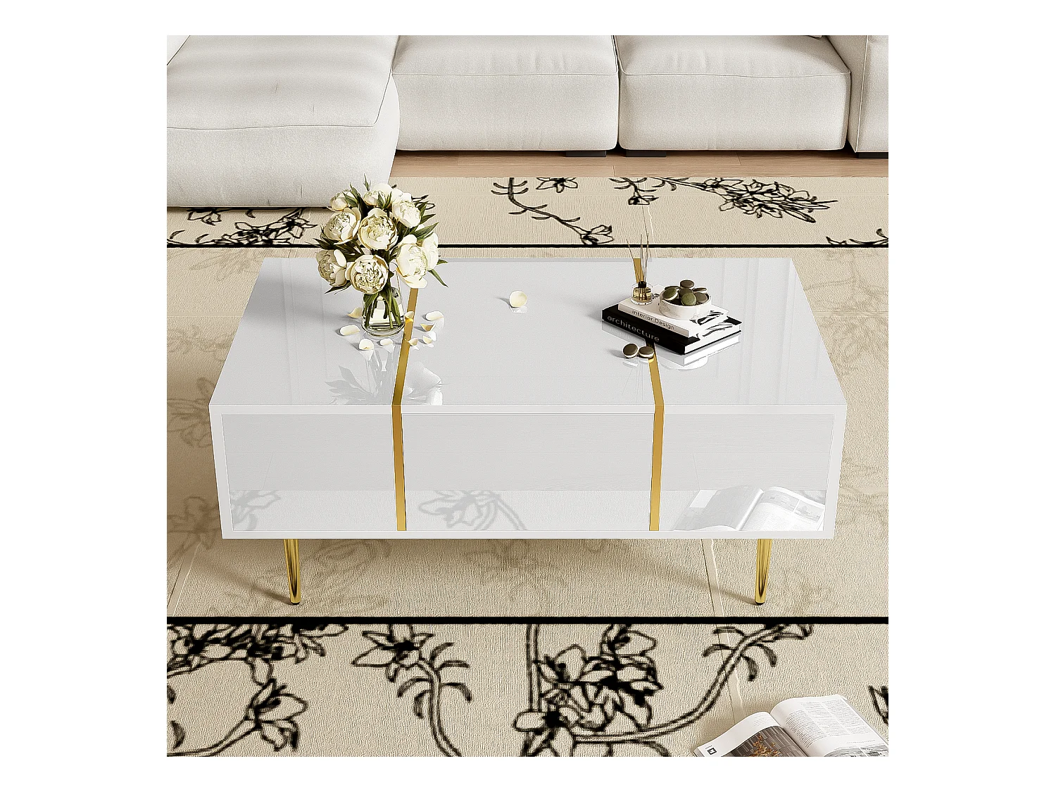 Table basse blanche avec 2 tiroirs de rangement et pieds dorés - pour salon et bureaux