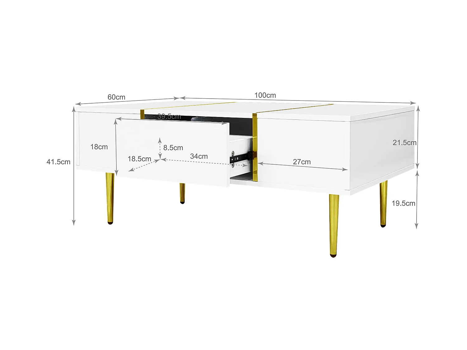 Table basse blanche avec 2 tiroirs de rangement et pieds dorés - pour salon et bureaux