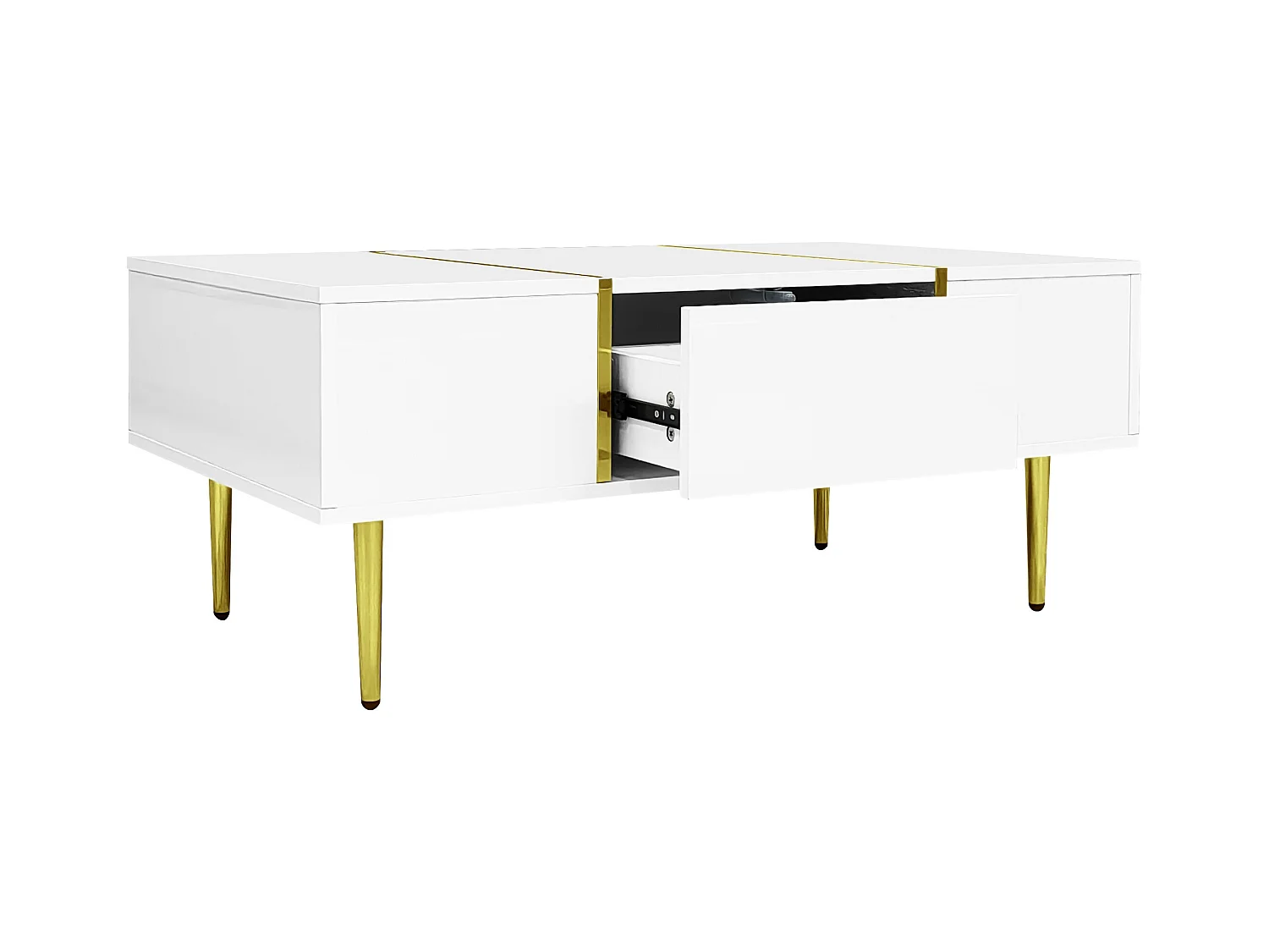 Table basse blanche avec 2 tiroirs de rangement et pieds dorés - pour salon et bureaux