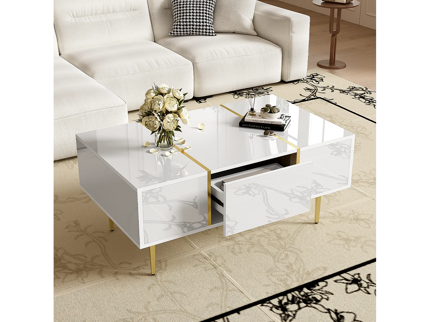 Table basse blanche avec 2 tiroirs de rangement et pieds dorés - pour salon et bureaux