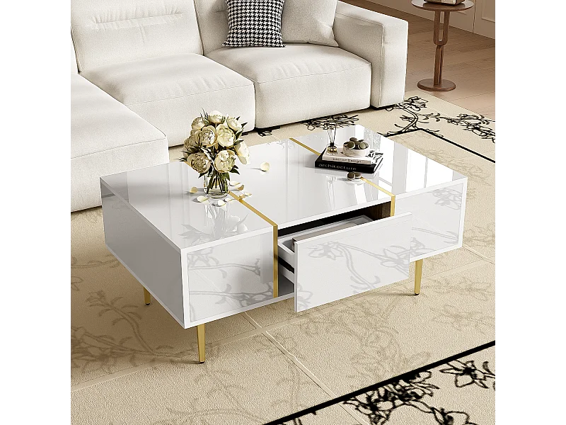 Table basse blanche avec 2 tiroirs de rangement et pieds dorés - pour salon et bureaux