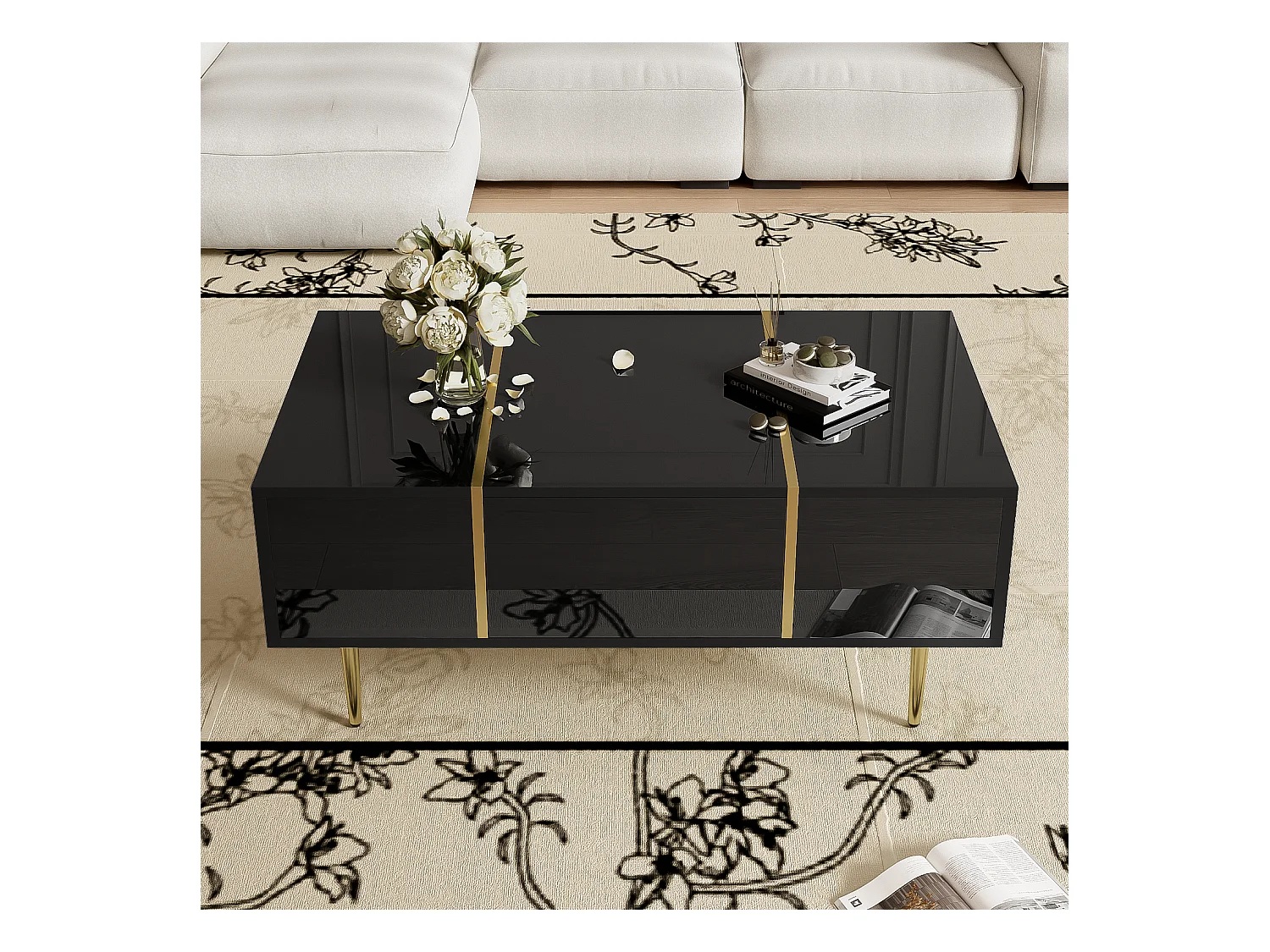 Schwarzer Couchtisch mit 2 Aufbewahrungsschubladen und goldenen Beinen - für Wohnzimmer und Büro