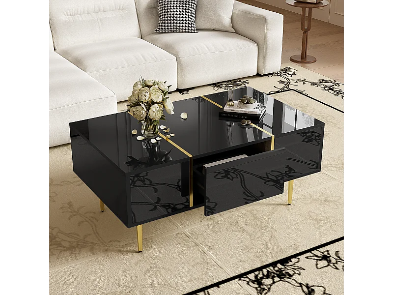 Table basse noire avec 2 tiroirs de rangement et pieds dorés - pour salon et bureaux