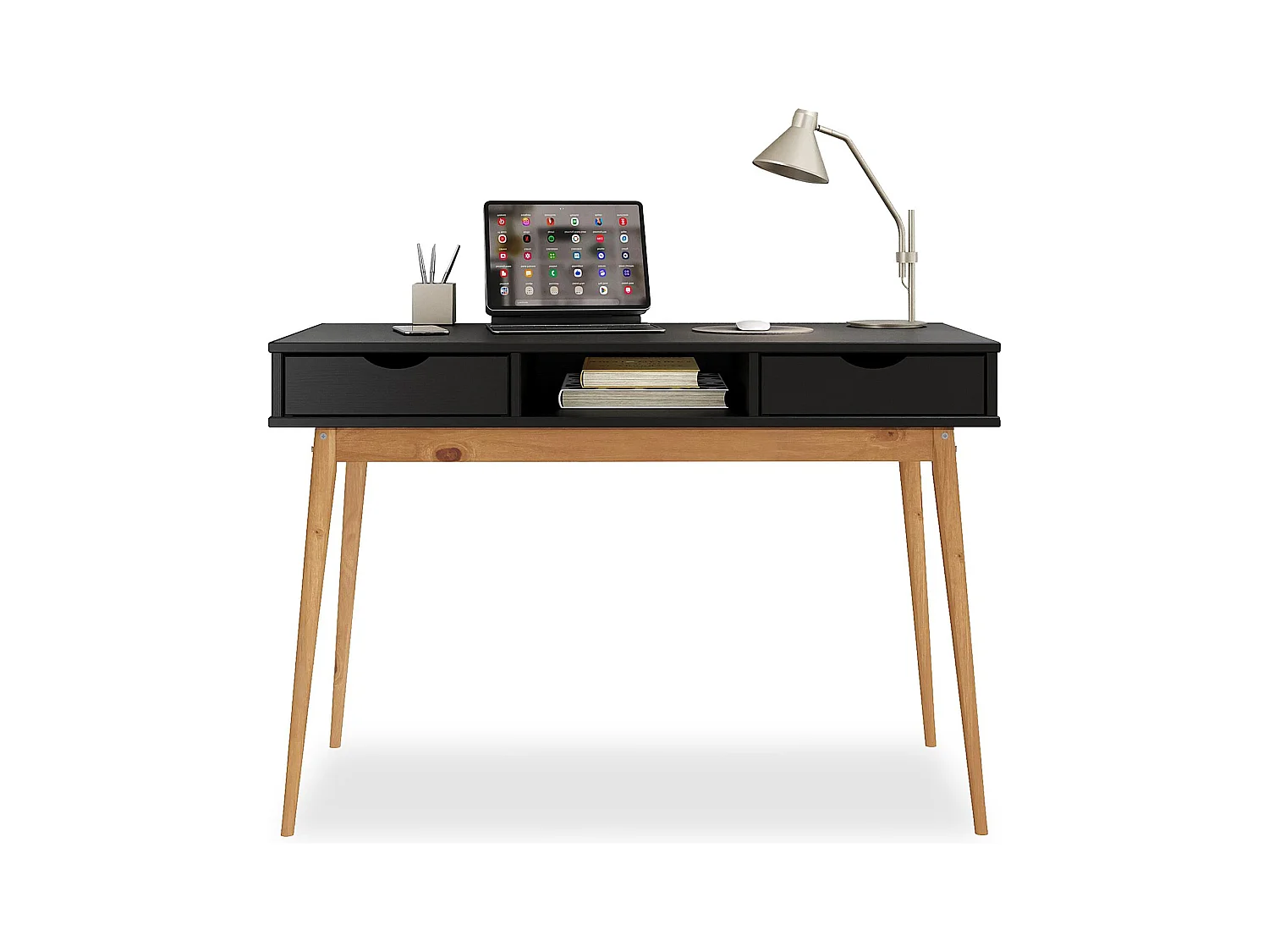 Bureau STEFANO en pin massif avec 2 tiroirs et 1 niche intégrée lasuré noir/chêne