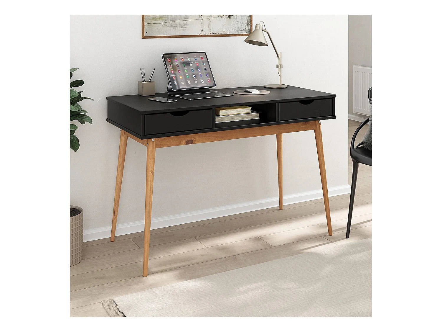 Bureau STEFANO en pin massif avec 2 tiroirs et 1 niche intégrée lasuré noir/chêne