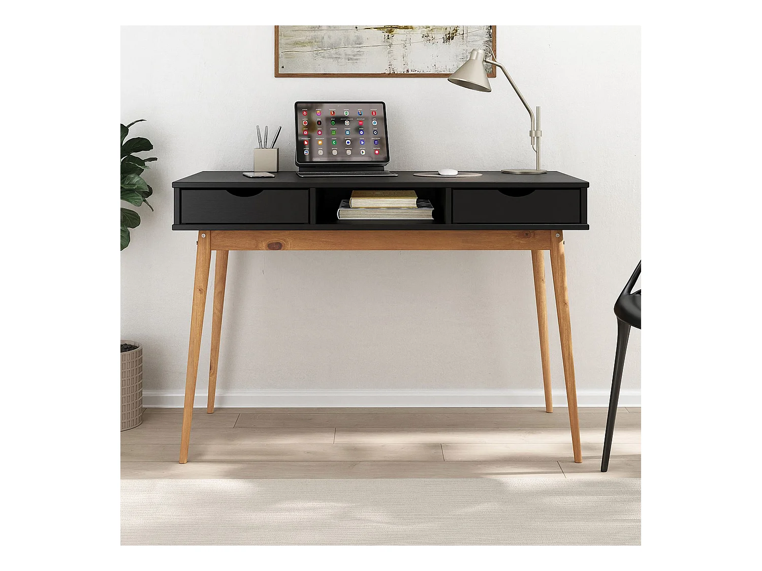 Bureau STEFANO en pin massif avec 2 tiroirs et 1 niche intégrée lasuré noir/chêne