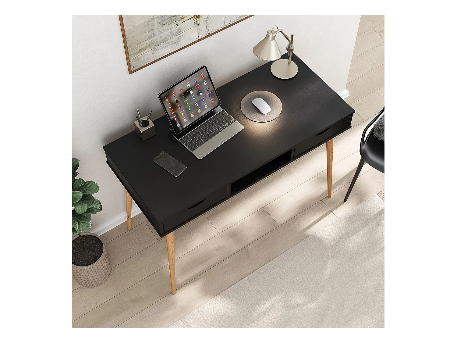 Bureau STEFANO en pin massif avec 2 tiroirs et 1 niche intégrée lasuré noir/chêne