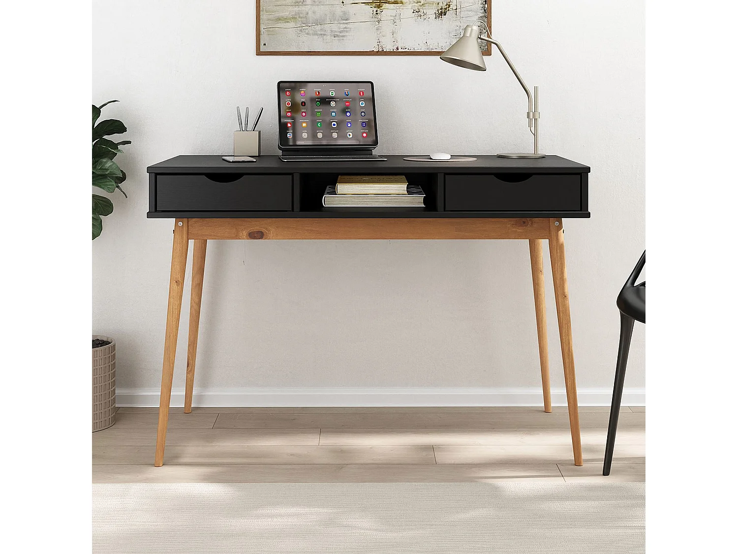 Bureau STEFANO en pin massif avec 2 tiroirs et 1 niche intégrée lasuré noir/chêne