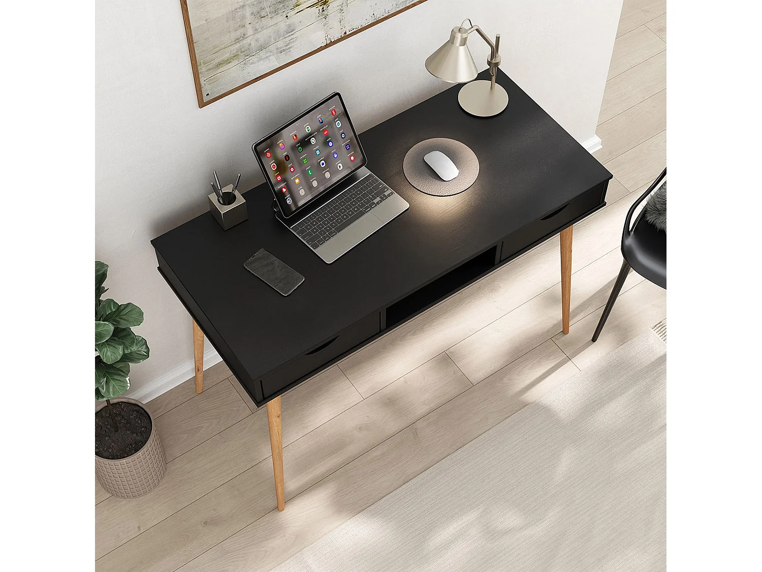 Bureau STEFANO en pin massif avec 2 tiroirs et 1 niche intégrée lasuré noir/chêne