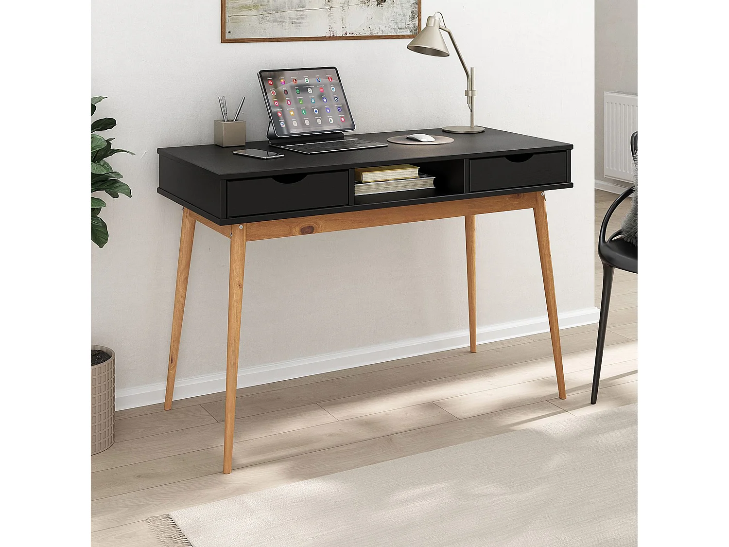 Bureau STEFANO en pin massif avec 2 tiroirs et 1 niche intégrée lasuré noir/chêne