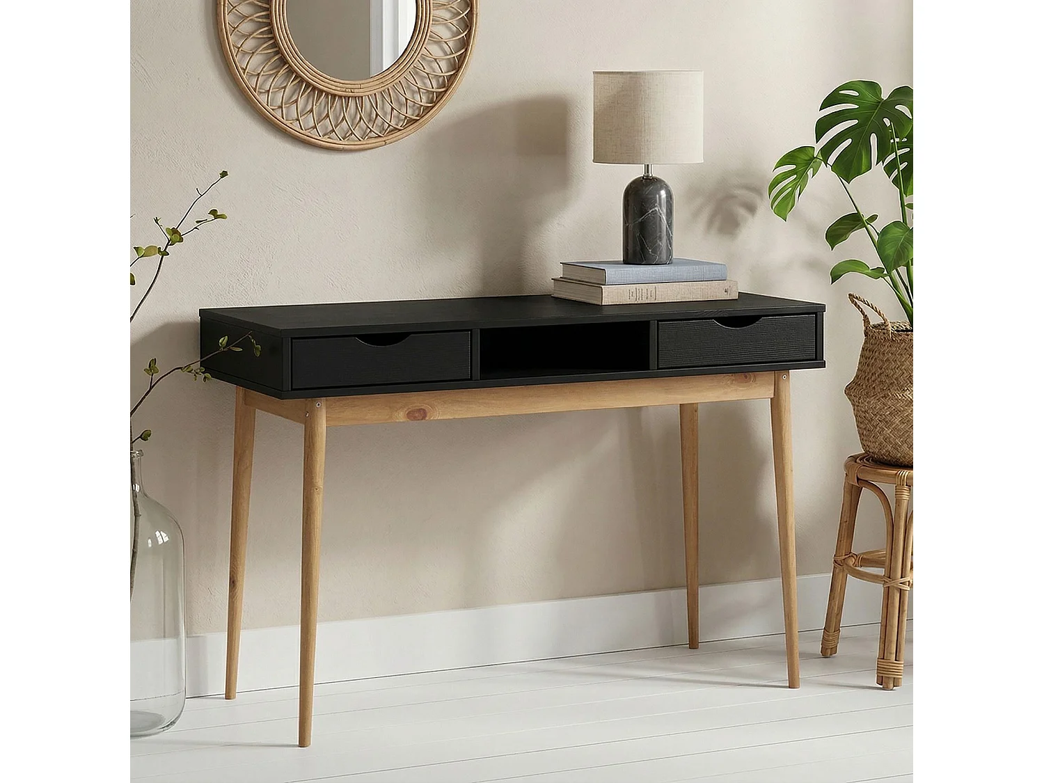 Bureau STEFANO en pin massif avec 2 tiroirs et 1 niche intégrée lasuré noir/chêne