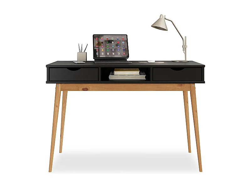 Bureau STEFANO en pin massif avec 2 tiroirs et 1 niche intégrée lasuré noir/chêne