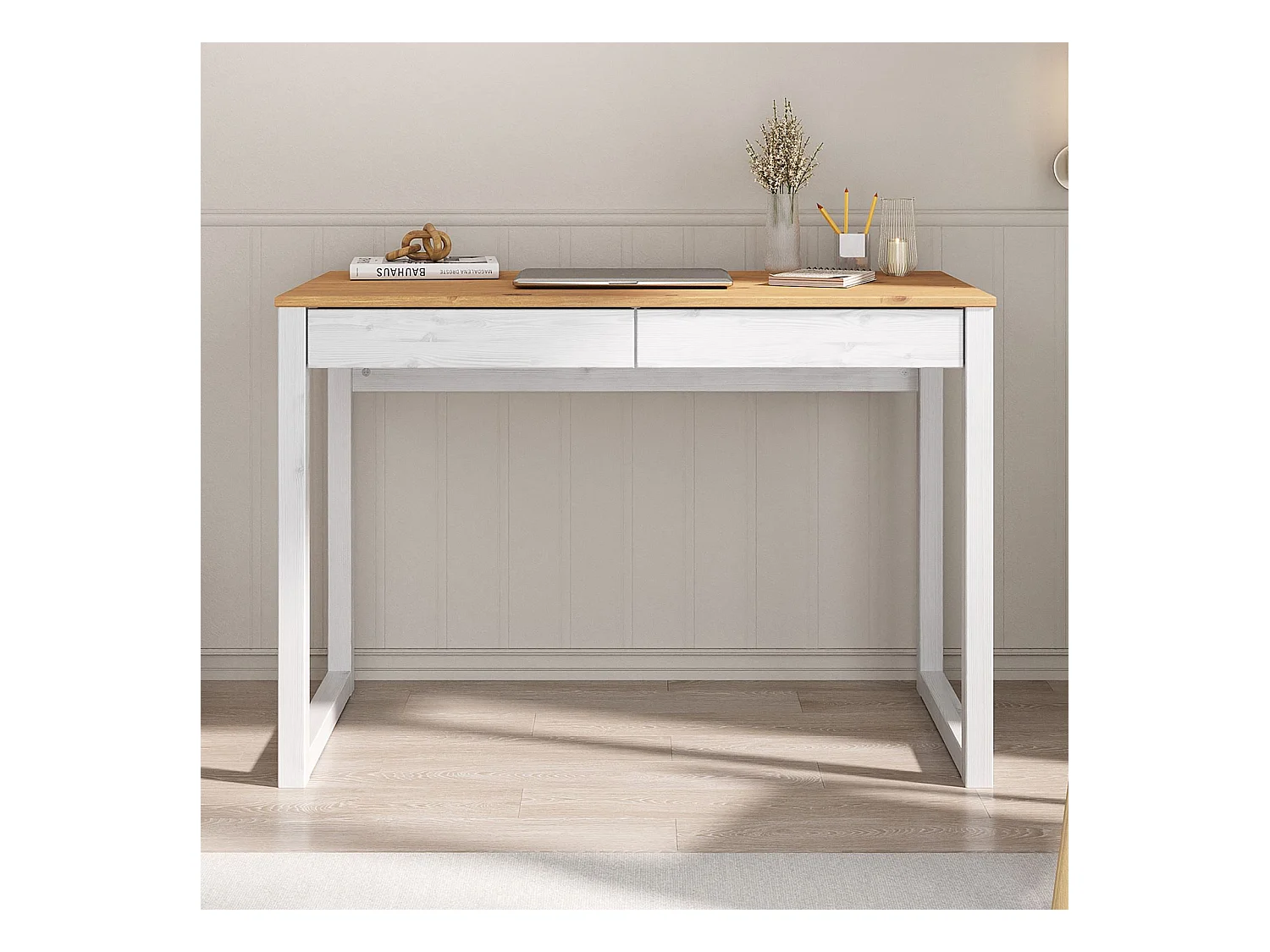 Bureau en bois avec 2 tiroirs NOAH, design scandinave, en pin massif coloris blanc et chêne