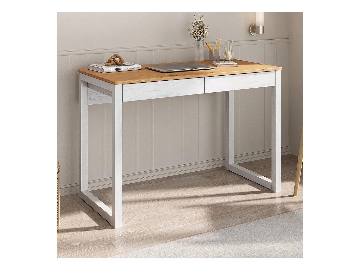 Bureau en bois avec 2 tiroirs NOAH, design scandinave, en pin massif coloris blanc et chêne