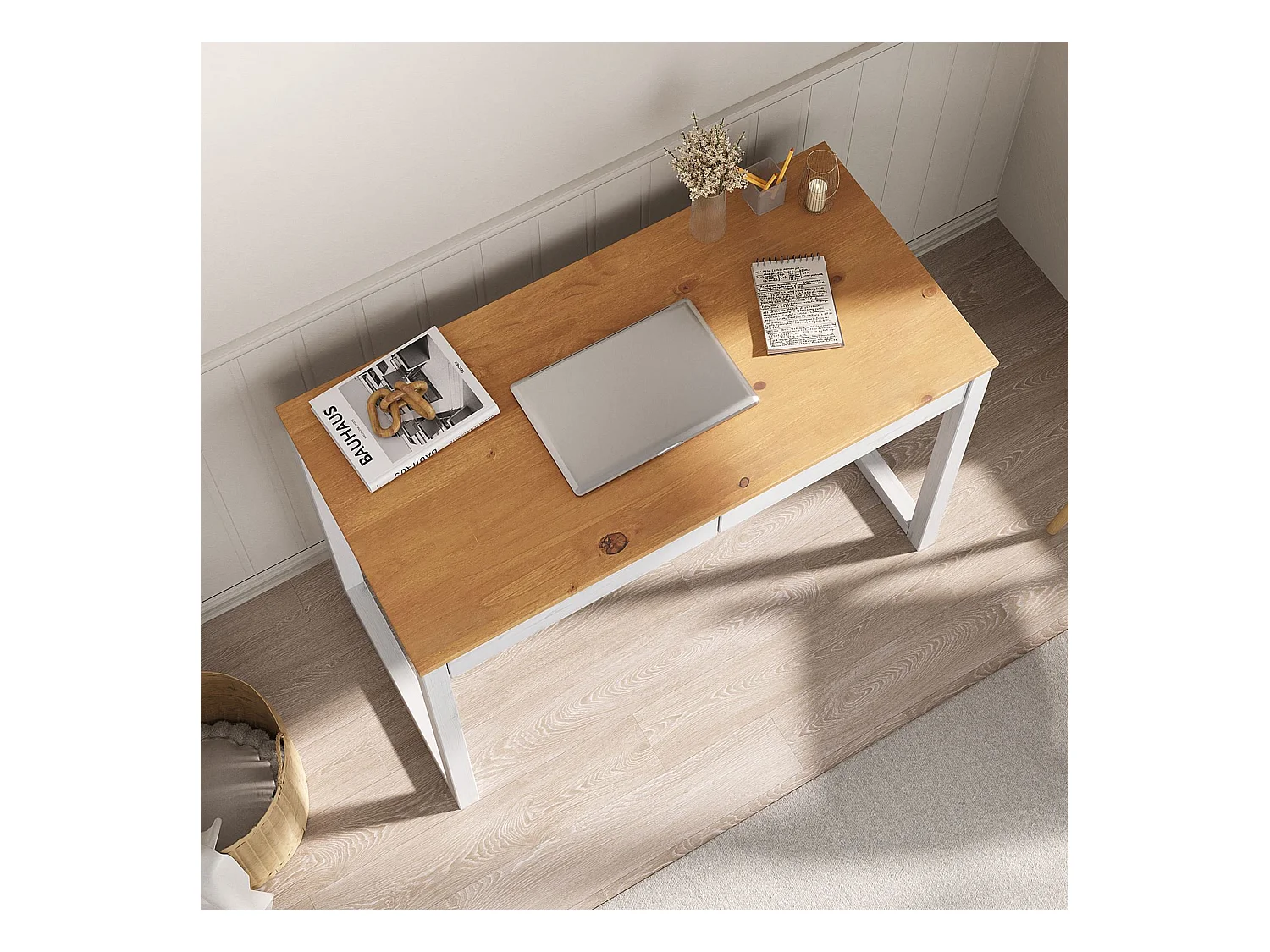 Bureau en bois avec 2 tiroirs NOAH, design scandinave, en pin massif coloris blanc et chêne