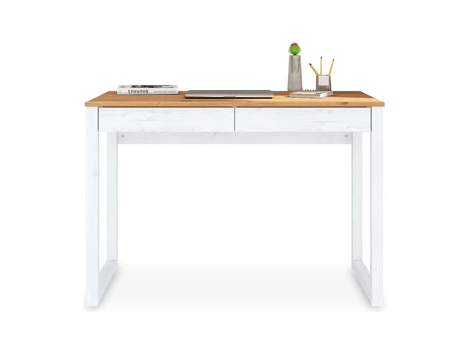 Bureau en bois avec 2 tiroirs NOAH, design scandinave, en pin massif coloris blanc et chêne