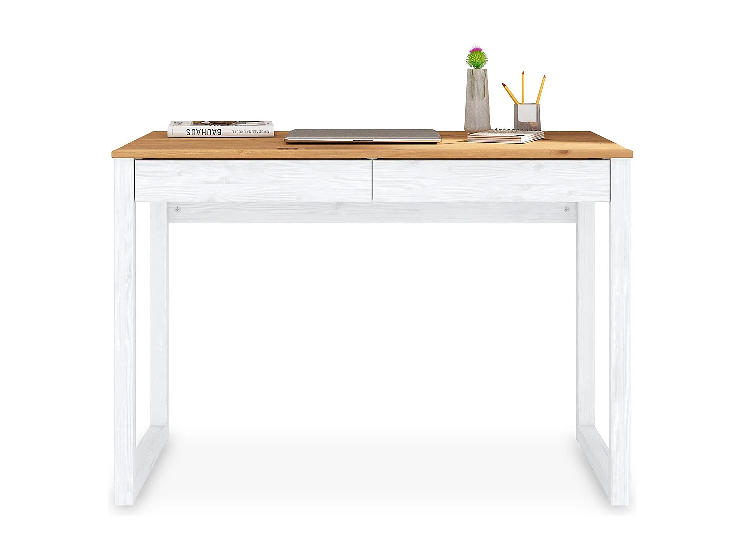 Bureau en bois avec 2 tiroirs NOAH, design scandinave, en pin massif coloris blanc et chêne