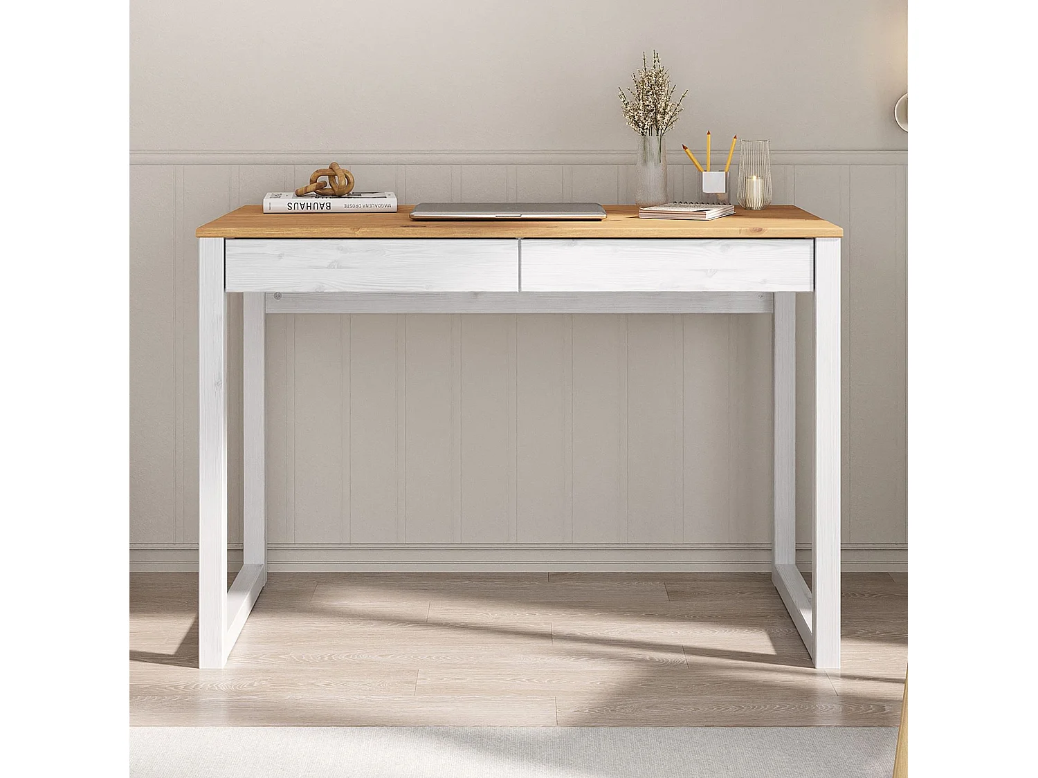 Bureau en bois avec 2 tiroirs NOAH, design scandinave, en pin massif coloris blanc et chêne